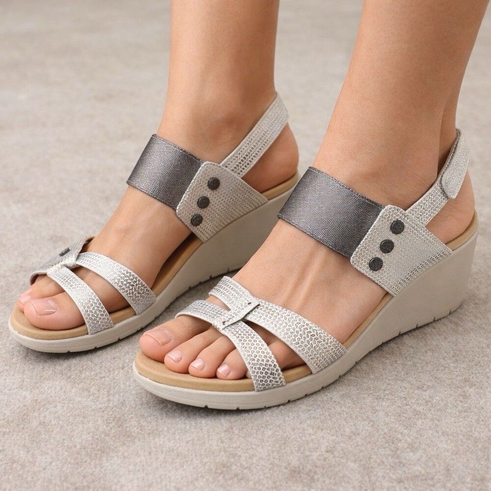 Revere Wedge Sandals Comfort Slingback Metallic Tahiti Silver Straps Women's 7M